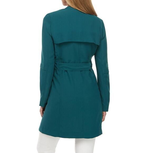 New! JOAN VASS Women's Crepe Belted Topper Trench Jacket Color Teal Size Small - Picture 2 of 3